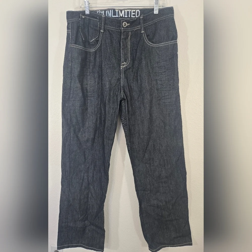 Ecko Unlimited Men's 72+ Loose Fit Jeans Blue/Black Grunge Y2K Skater, 34/32